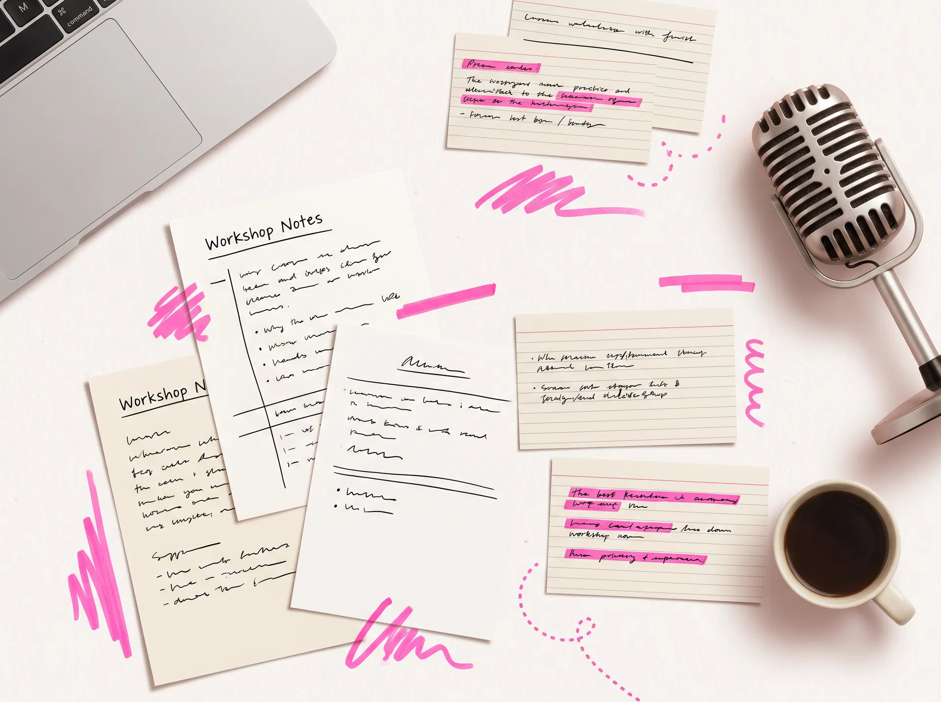 Workshop notes, microphone, and pink Staffless-style highlights